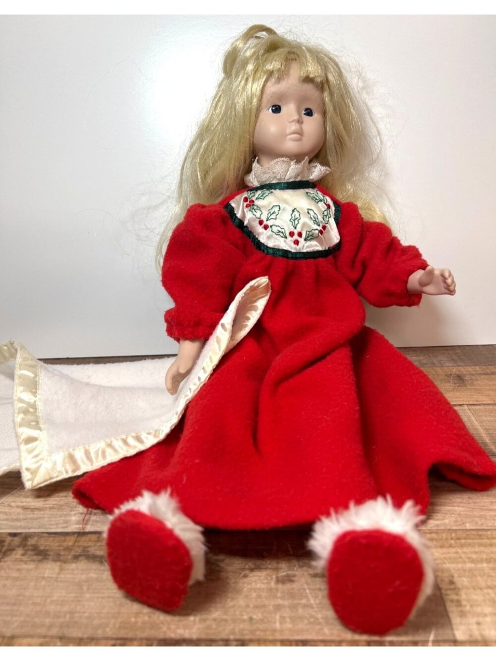 Vintage Porcelain Doll In Red Holiday Dress With Blonde Hair & Holly Embroidere